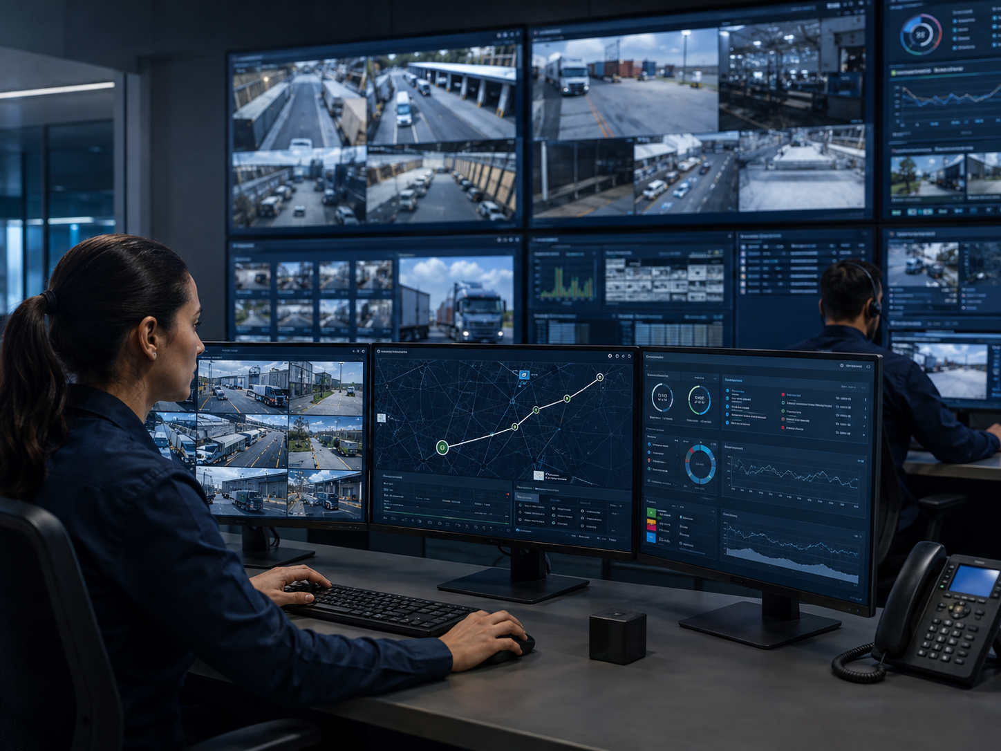 Centro de operaciones y vigilancia con dashboards y CCTV