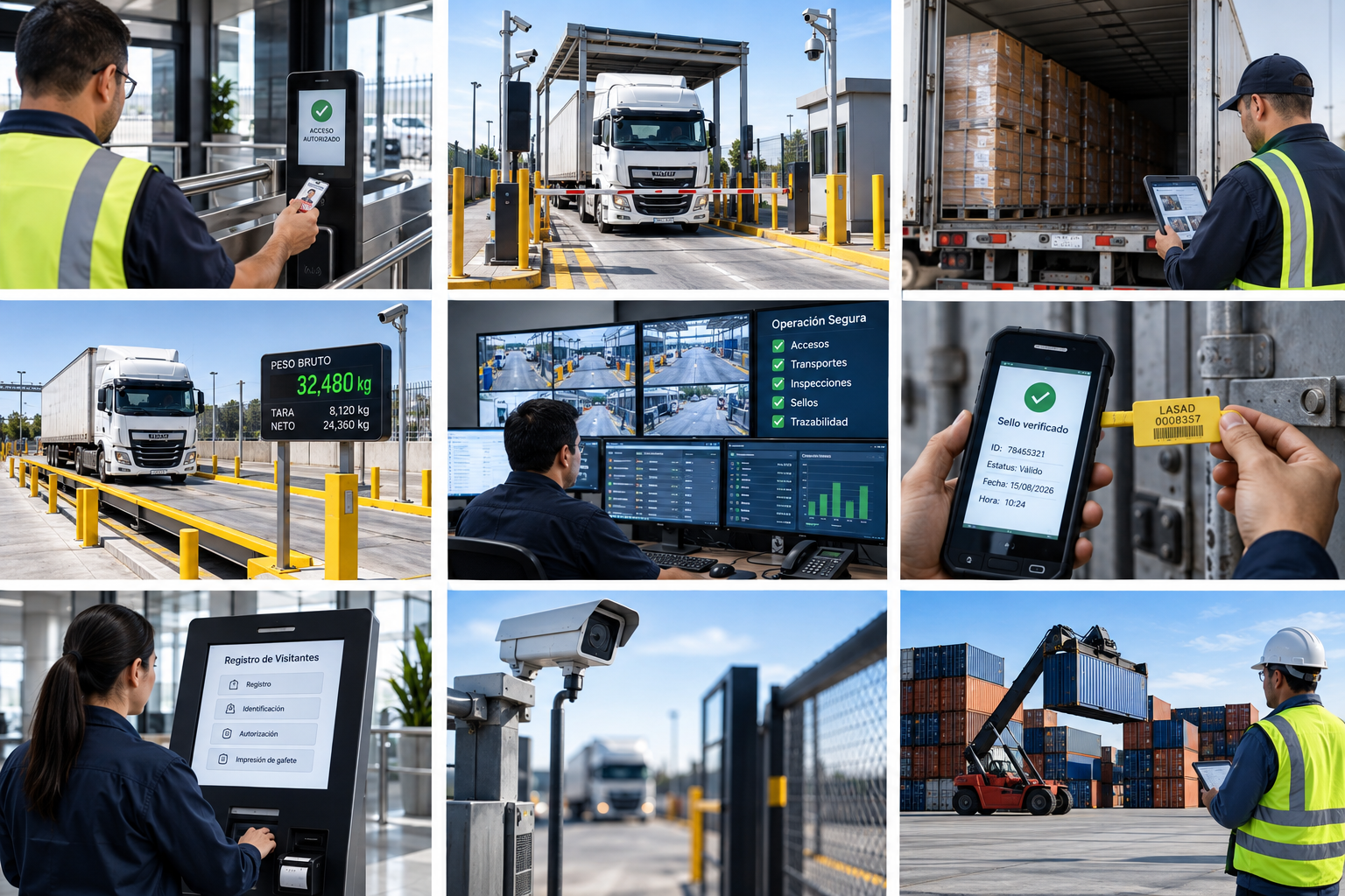 Operación integrada de seguridad logística con monitoreo, inspección, báscula y control de sellos
