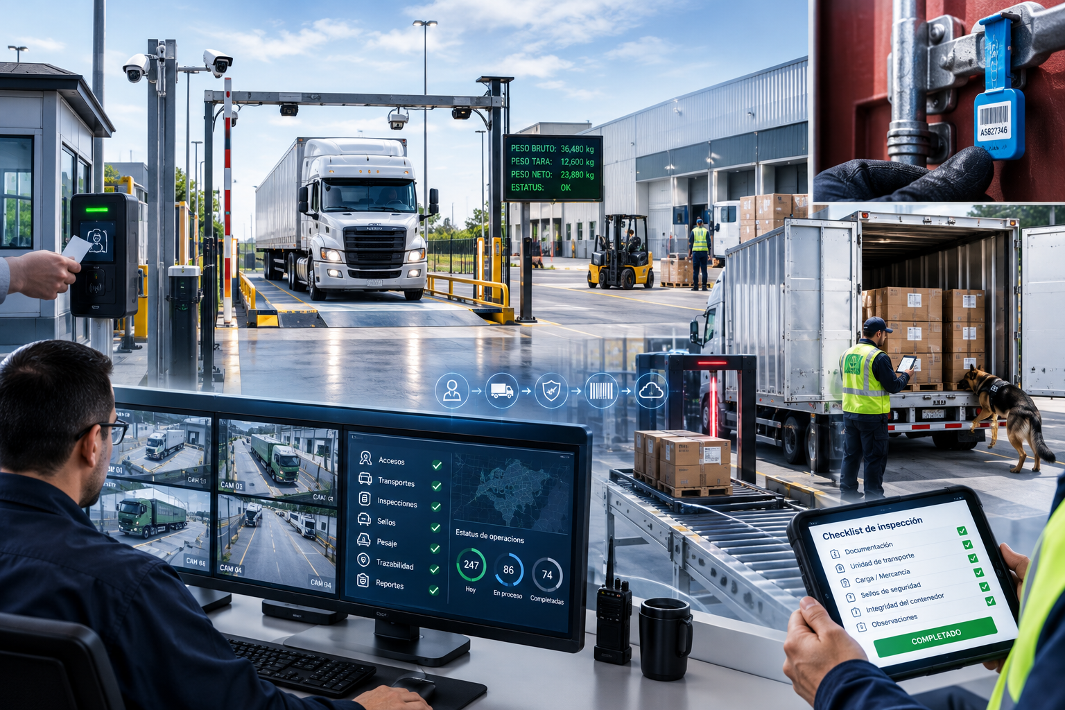 Control de transportes, inspección, sellos, pesaje, monitoreo y trazabilidad para cadena de suministro